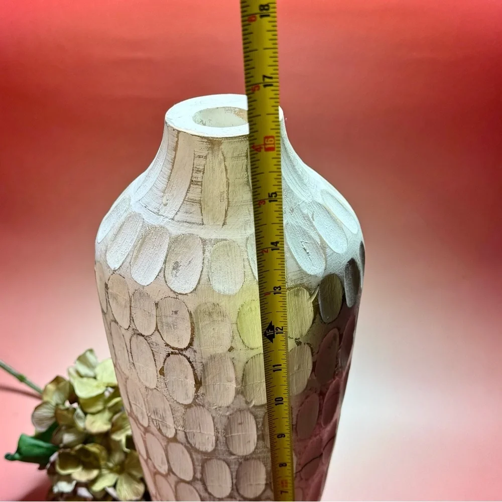 Pier One extra large carved wood white wash divot vase